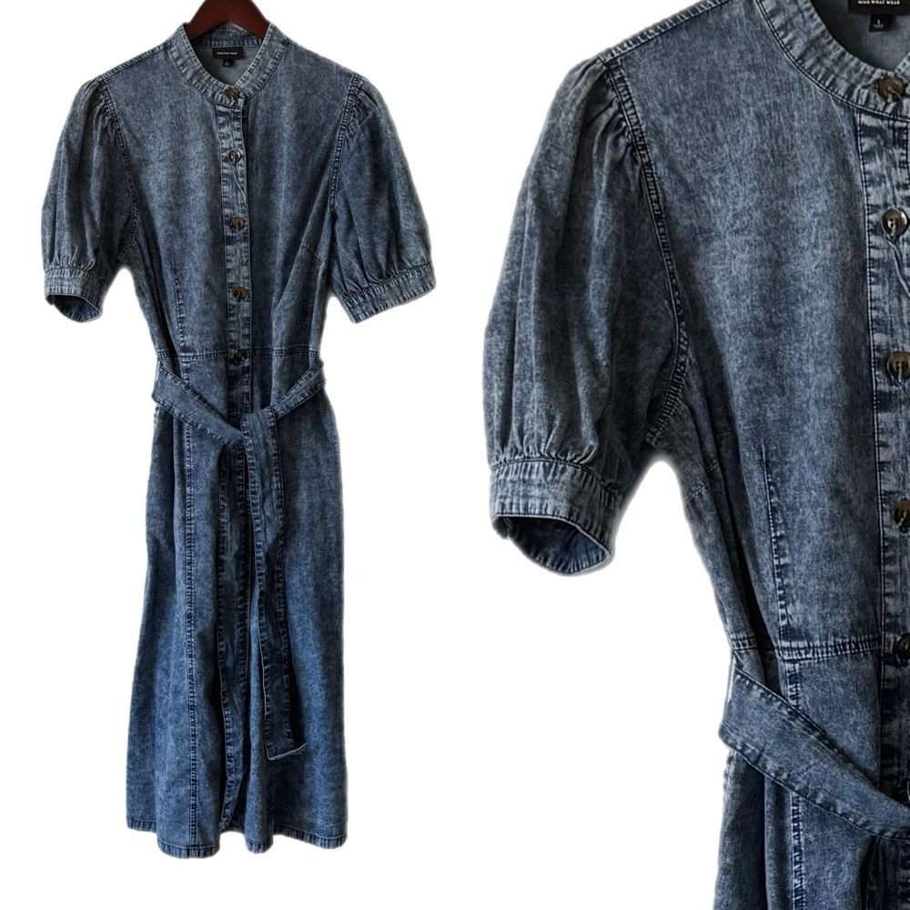 WHO WHAT WEAR Denim Dress Short Sleeve Pockets Button Front Summer Sz L